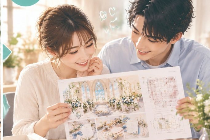 テーマシートを見ながら式場選びをする新郎新婦