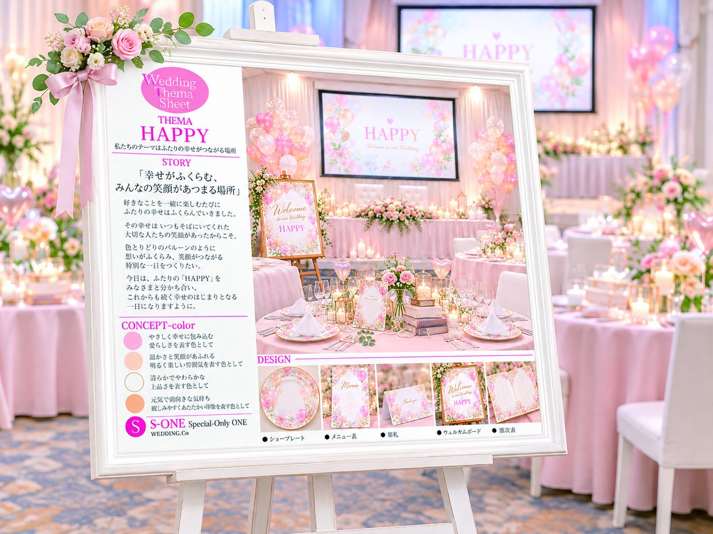 テーマ「HAPPY」のウェディングテーマシートを会場に飾った様子